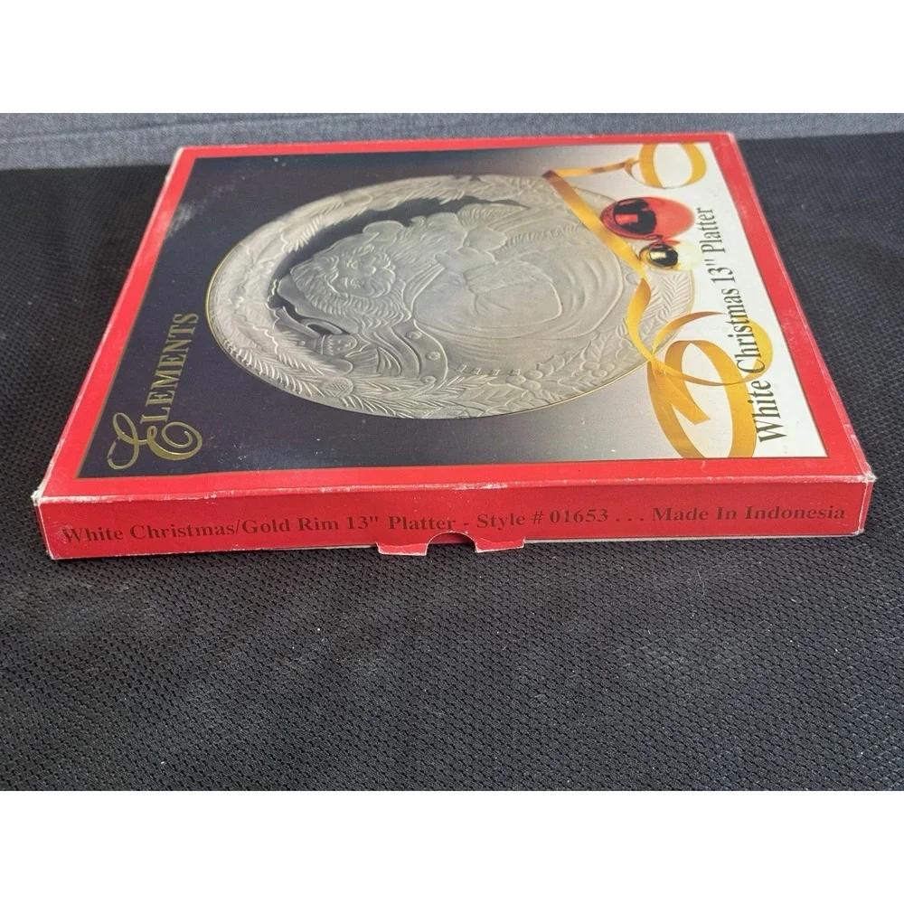 White Christmas Platter By Elements Gold Rim 13